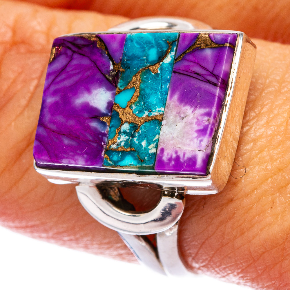 Square gemstone turquoise and purple ring with gold veining on silver band