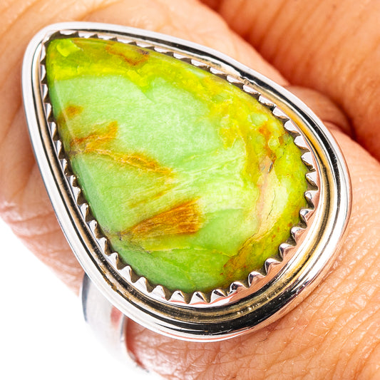 Oval green gaspeite ring with scalloped .925 sterling silver bezel, size 9 on finger