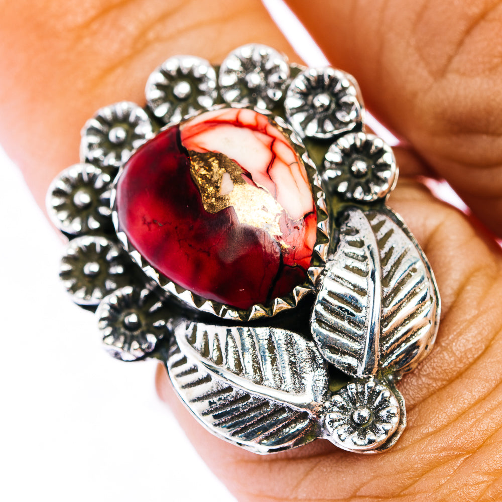 Red Dahlia Turquoise Ring Size 7.5 (.925 Sterling Silver)