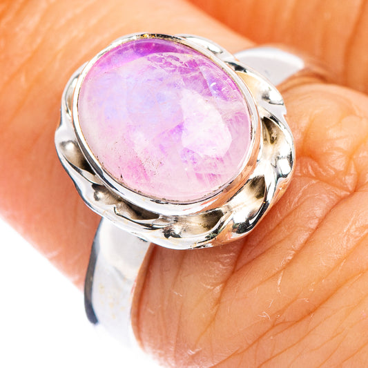 Pink moonstone oval ring, size 6, .925 sterling silver, round bezel with scalloped setting