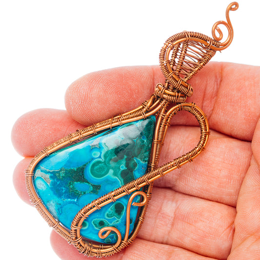 Malachite In Chrysocolla Wire Warp Pendant 3" (Copper)