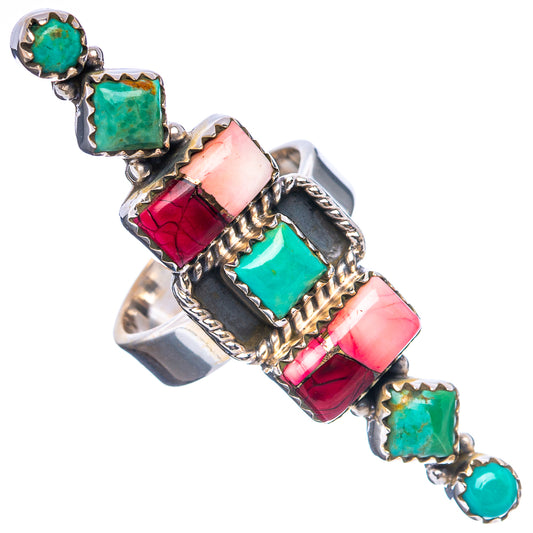 Adjustable sterling silver ring with turquoise and red gemstone inlay, ornate setting