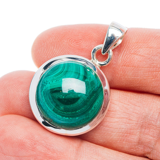 Malachite pendant in .925 sterling silver, round cabochon with polished bezel