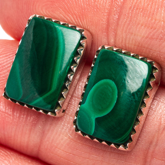 Malachite square stud earrings, green stone cabochon with silver prong bezel
