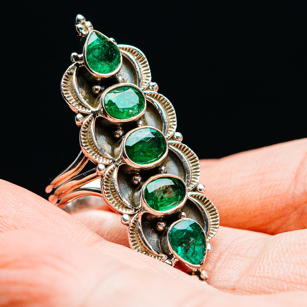 Exclusive 5-Gemstone Faceted Zambian Emerald Ring Size 7 (.925 Sterling Silver)