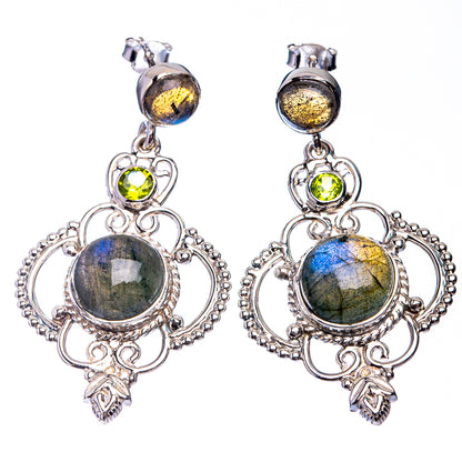 Sterling silver drop earrings with blue labradorite, green peridot, and gold-toned accents.
