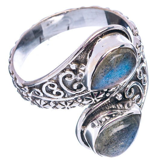 Sterling silver statement ring with oval labradorite stones and engraved scroll star patterns