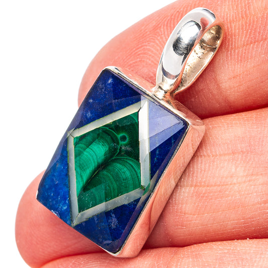 Rectangular gemstone pendant with blue and green stone, .925 sterling silver setting