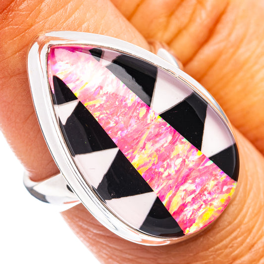 Sterling silver size 7 ring with teardrop opal stone, pink yellow flashes