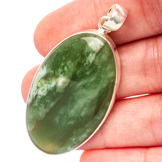 Oval green chrome chalcedony pendant with .925 sterling silver bezel and loop bail