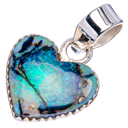 Sterling silver opal heart pendant, blue-green stone with scalloped bezel
