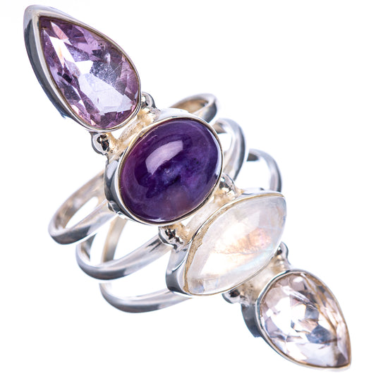 Sterling silver multi-gem ring: oval amethyst, moonstone oval, and clear teardrop stones