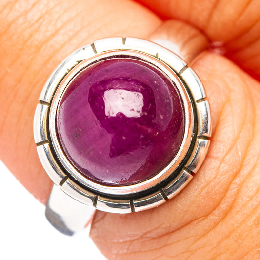 Sterling silver ring with round purple ruby cabochon