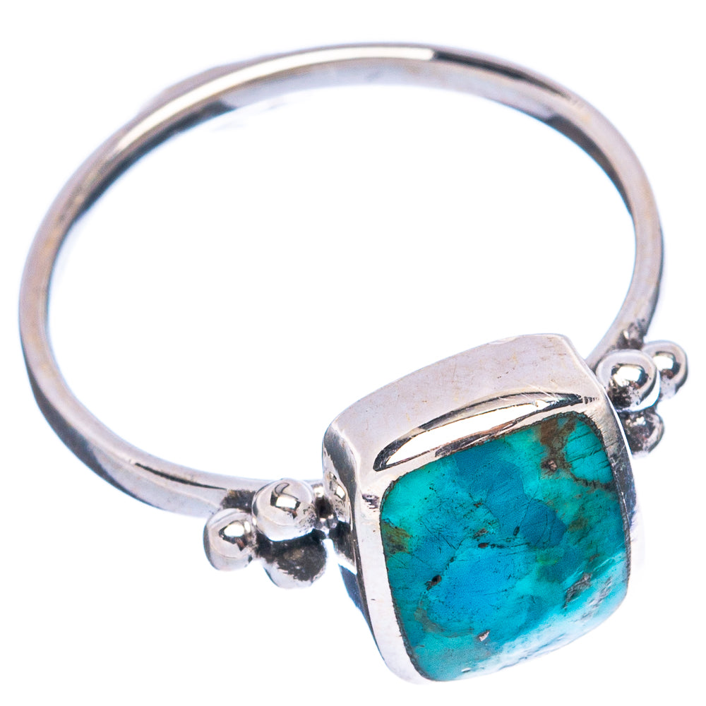 Sterling silver ring with square bezel-set turquoise cabochon, open side prongs