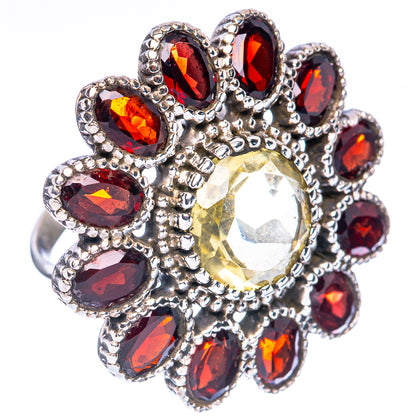 Faceted Citrine, Garnet Large Flower Ring Size 6.5 (925 Sterling Silver) R3115