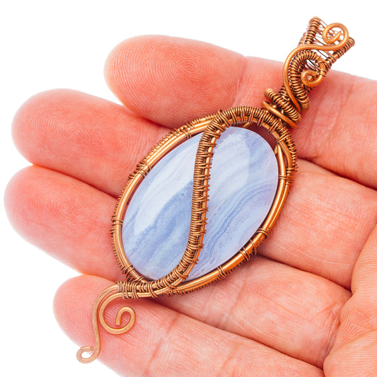 Blue Lace Agate Wire Wrap Pendant 3" (Copper)