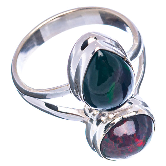 Sterling silver ring with green oval and dark red opal gemstones, prong setting