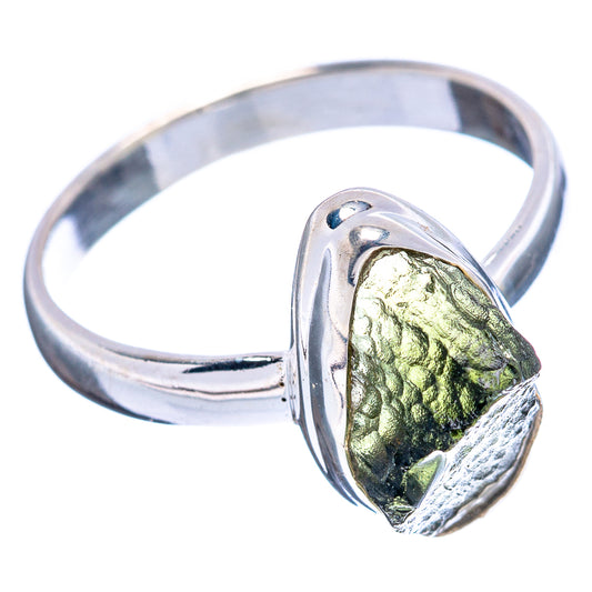 Moldavite ring in .925 sterling silver, side view with green stone bezel