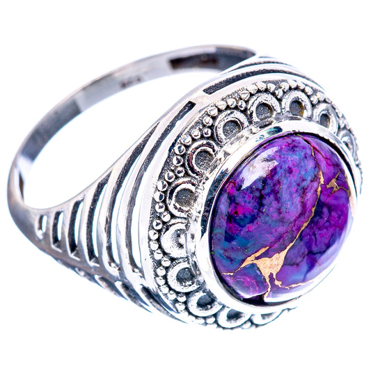 Sterling silver ring with oval purple turquoise cabochon, filigree bezel and stripe band