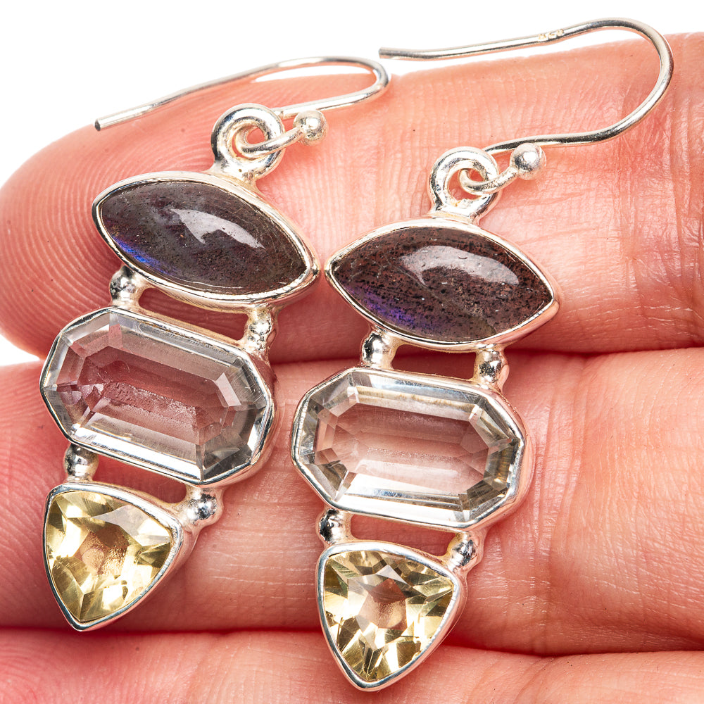 Labradorite, White Quartz, Citrine Earrings 1 5/8" (925 Sterling Silver) E432526