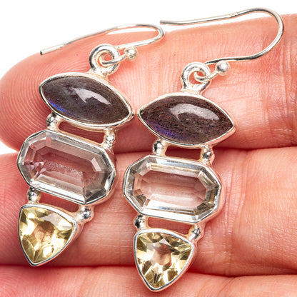 Labradorite, White Quartz, Citrine Earrings 1 5/8" (925 Sterling Silver) E432526