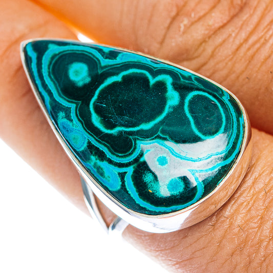Sterling silver teardrop ring with green malachite-chrysocolla cabochon, size 9