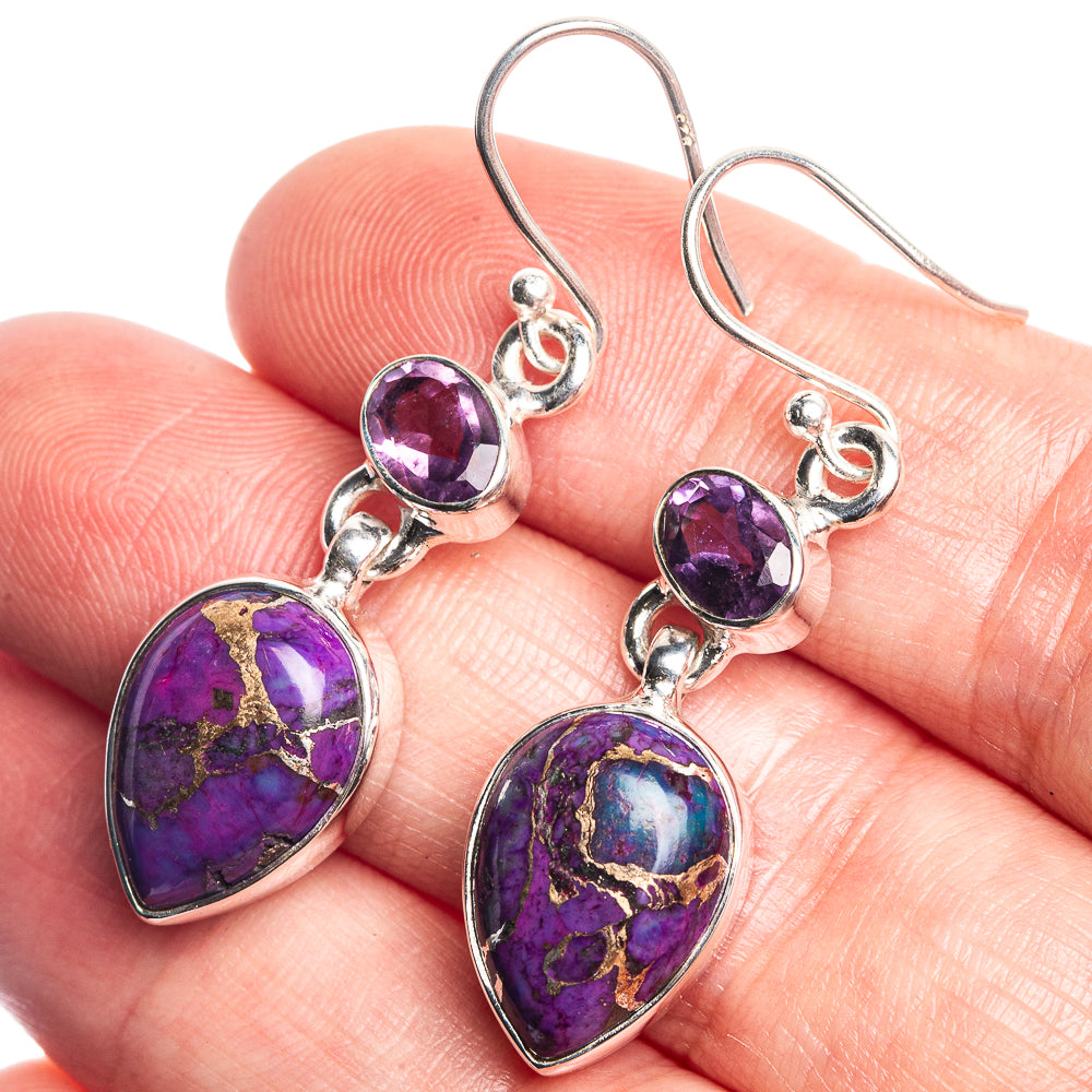 Sterling silver amethyst purple teardrop earrings with round cabochon dangles
