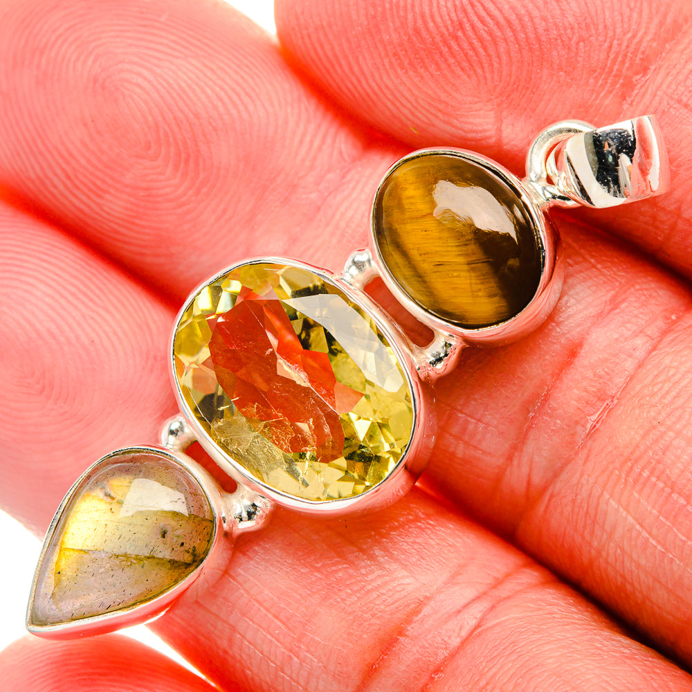 925 sterling silver pendant with faceted citrine, tiger eye, and iridescent labradorite oval