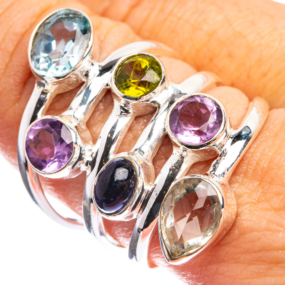 Large Blue Topaz, Amethyst, Peridot, Black Onyx, White Quartz Ring Size 9 (925 Sterling Silver) R143191