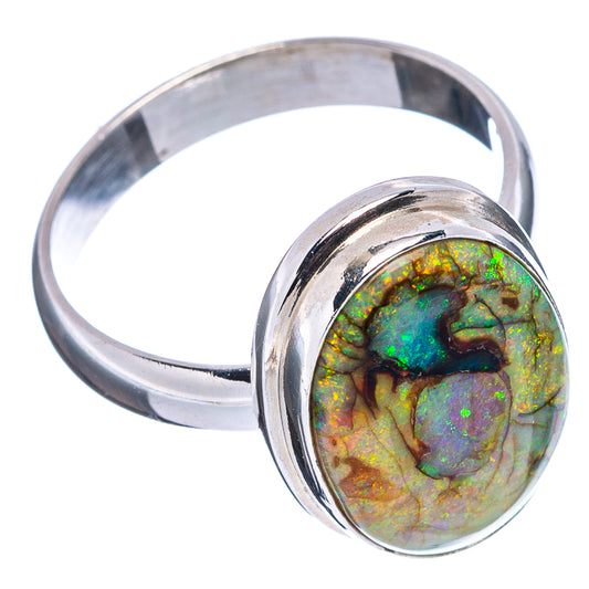 Sterling silver opal ring with round iridescent multicolor stone, open bezel