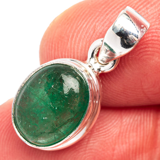 Round green emerald cabochon pendant in .925 sterling silver bezel with bail