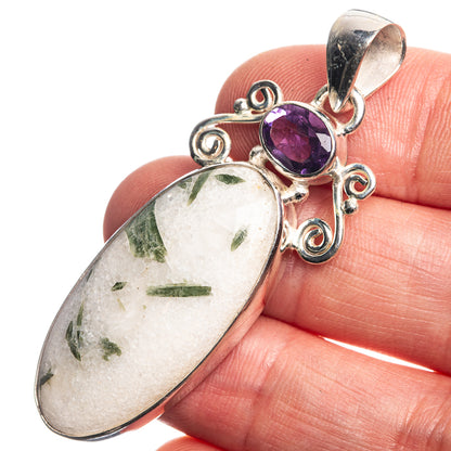 Green Tourmaline In Quartz, Amethyst 925 Sterling Silver Pendant 2 1/8"
