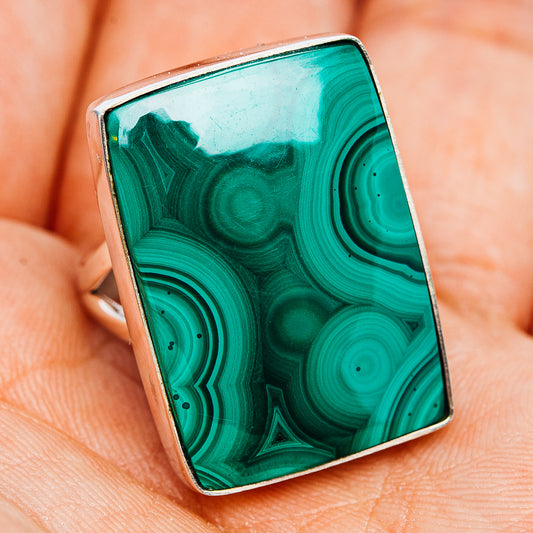 Malachite ring with rectangular green malachite face, .925 sterling silver frame, size 9