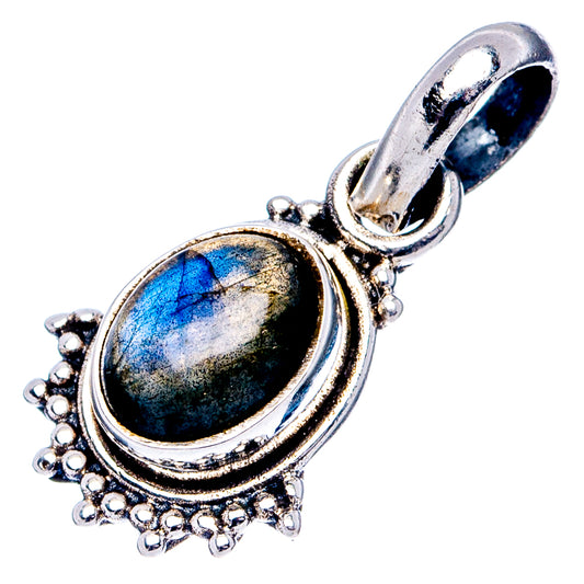 Oval labradorite pendant with prong-set silver halo and top loop, dark blue flash