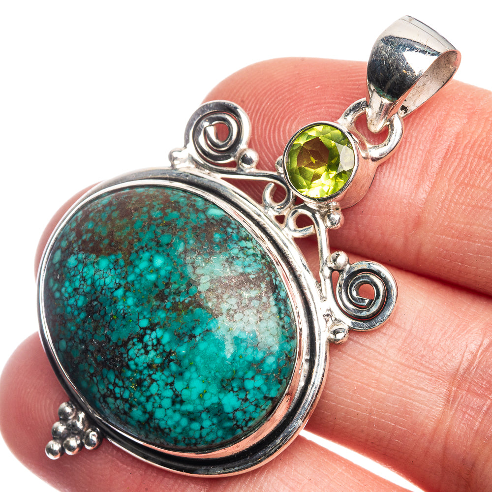 Tibetan Turquoise, Peridot Pendant 1 7/8" (925 Sterling Silver) P39190