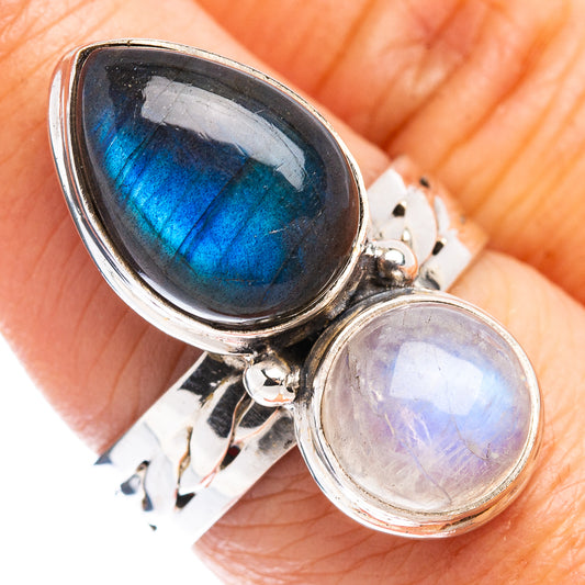 Sterling silver ring with oval labradorite and moonstone, blue flash and pale rainbow