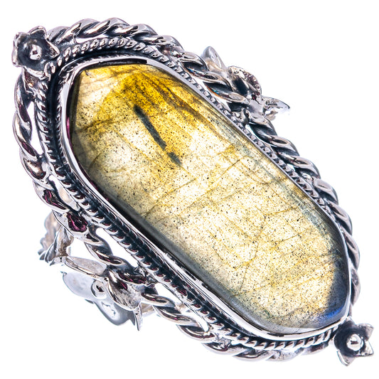 Sterling silver labradorite ring with yellow oval gemstone and ornate filigree bezel