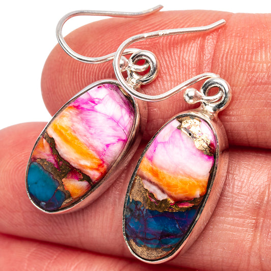 Oval multicolor gemstone drop earrings, pink blue orange hues, silver hooks
