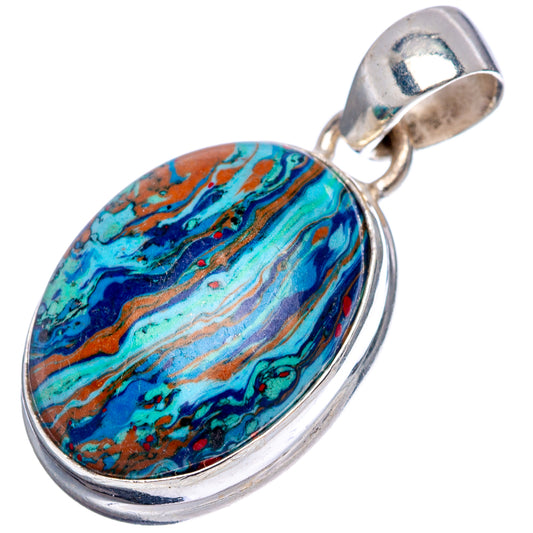 Oval sterling silver calsilica pendant with blue, turquoise, and orange marbled stone and bail