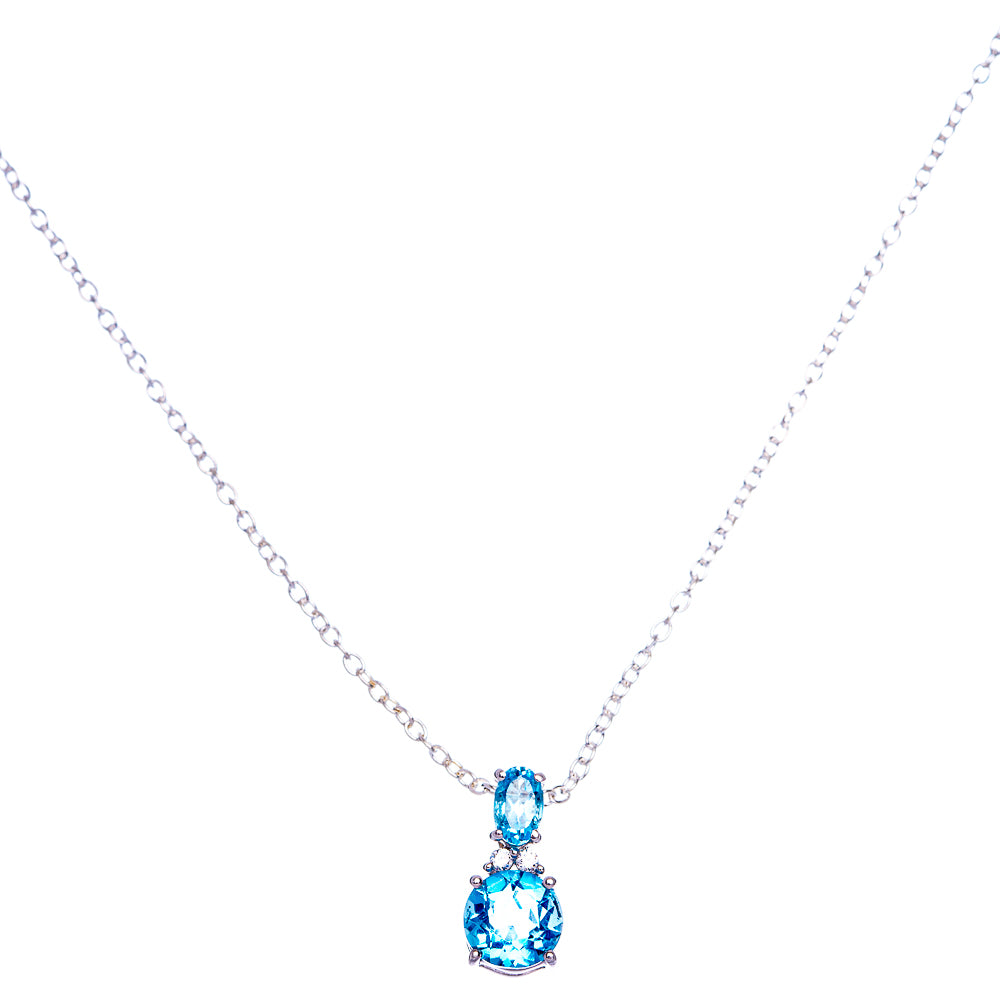 Blue topaz pendant necklace, double oval gemstones on silver chain with 18-inch length