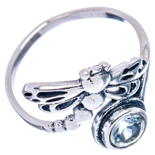 Sterling silver dragonfly ring band with blue round stone and detail