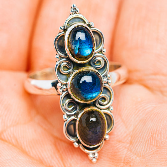 Stacked oval blue labradorite cabochons in ornate .925 sterling silver boho ring