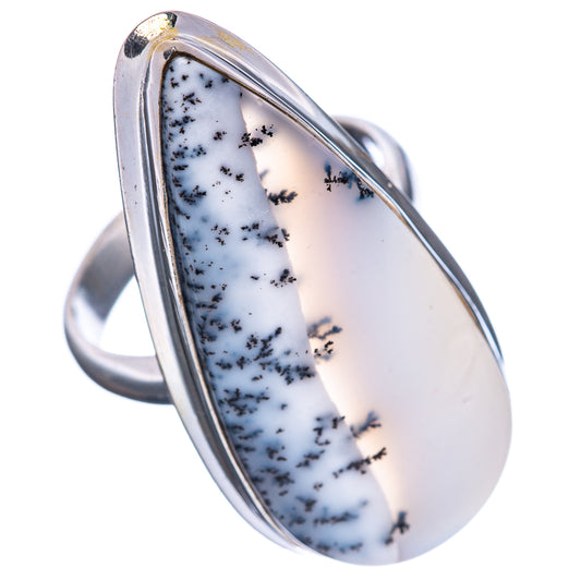 Sterling silver teardrop opal ring, oval face with dark dendritic branches; open band