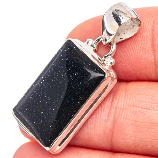 Sterling silver rectangular blue goldstone pendant, polished bezel and bail loop