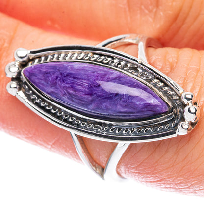 Purple marquise charoite gemstone set in 925 sterling silver ring with ornate bezel