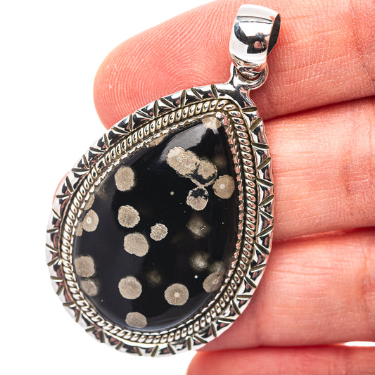 Premium Southwestern Style Snowflake Obsidian  Pendant 2" (.925 Sterling Silver)