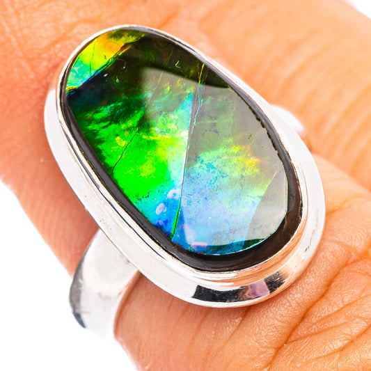 Oval ammolite ring in .925 sterling silver with green, blue iridescent stone