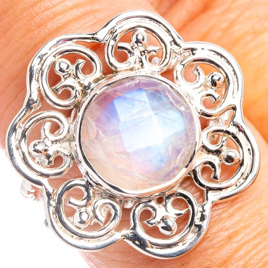 Sterling silver moonstone ring with round iridescent gemstone, ornate filigree setting
