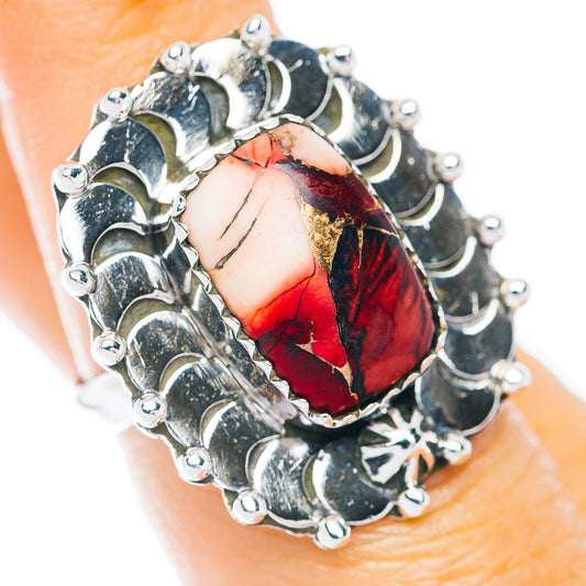 Southwestern Style Red Dahlia Turquoise Ring Size 6.75 (.925 Sterling Silver)