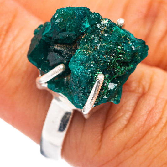 Size 6 sterling silver ring with raw green dioptase stone, prong-set